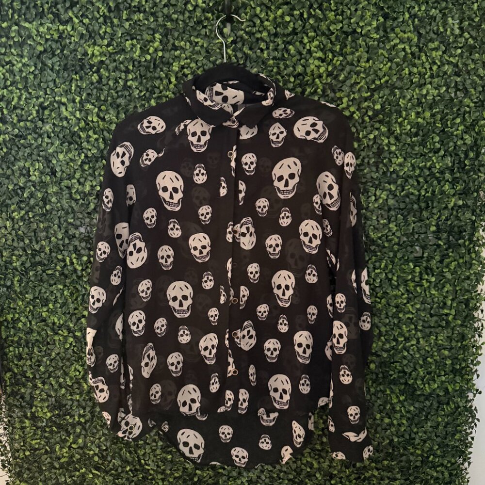 Black Skull Print Button Down Blouse Sheer Long Sleeve Top Size S